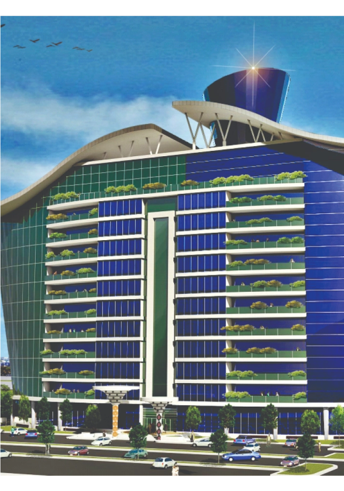 Modern high-rise with blue glass, green terraces, and a curved roof.