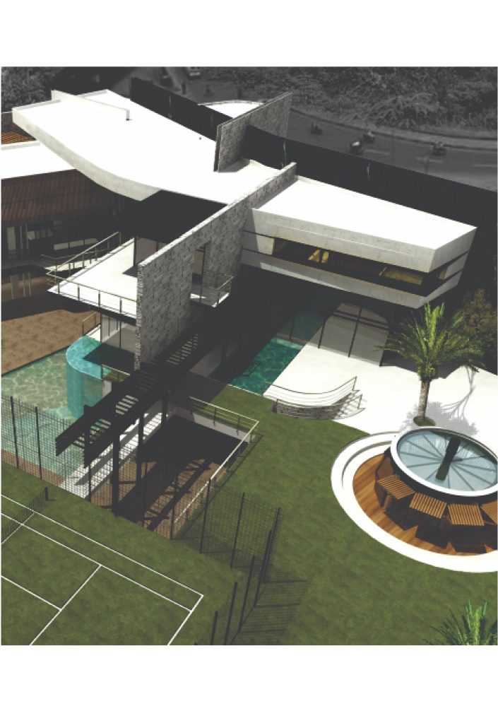 Modern multi-level house with angular white roofs, glass railings, a pool, and a tennis court